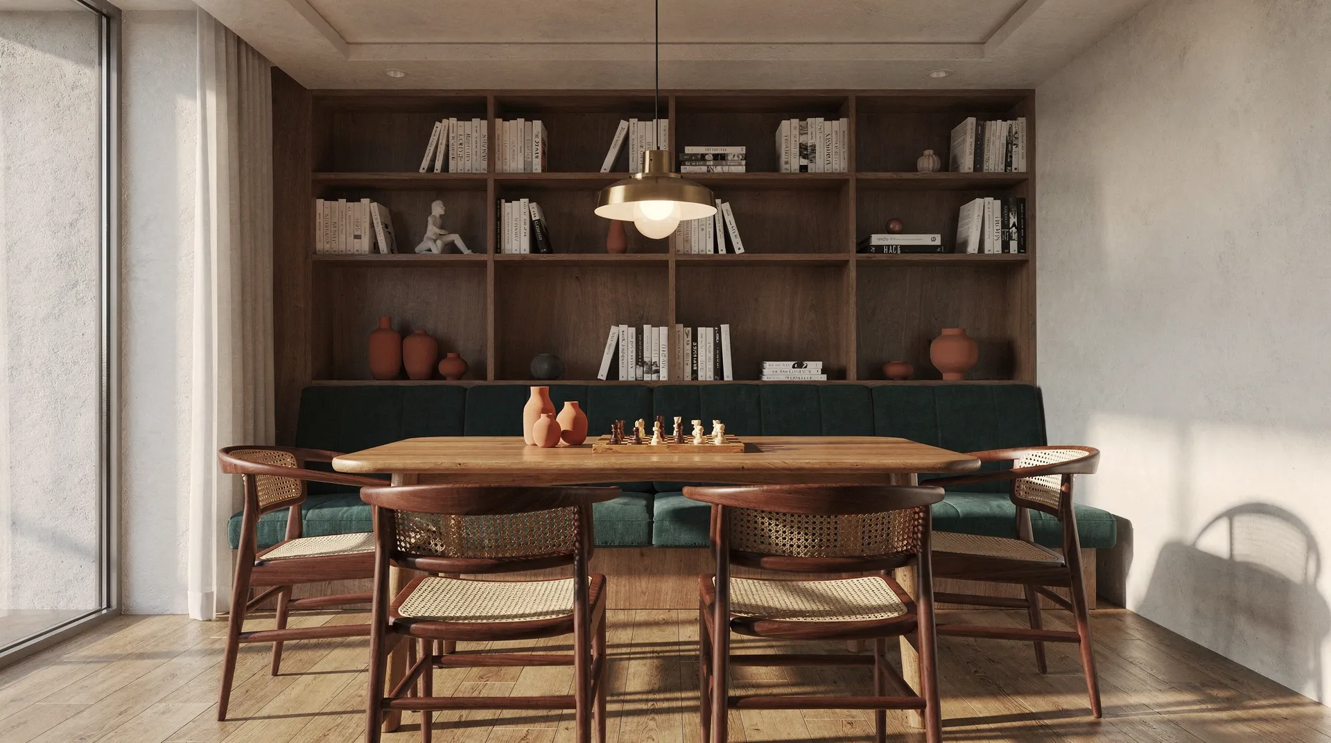 Vue d'artiste de la suite Signature : lit, bureau et fenêtre sur la cour pavée