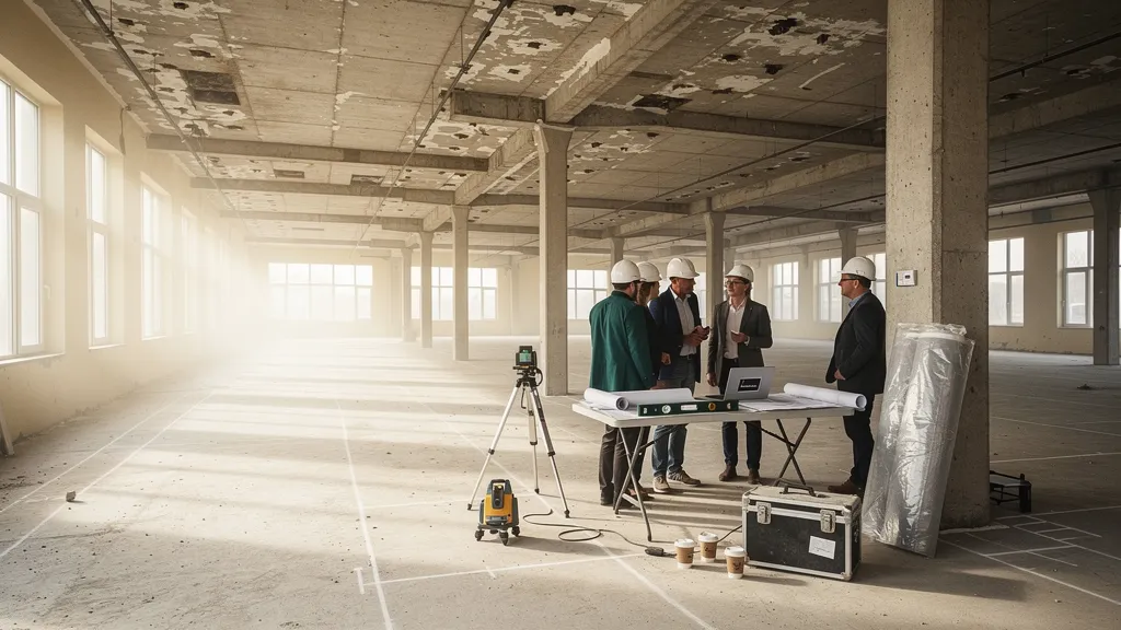 Vue d'artiste de la suite Signature : lit, bureau et fenêtre sur la cour pavée